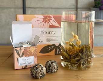 Blooming Tea Geschenk-Set: Handgemachte Blütenteekugeln - Einzigartige Idee für Achtsamkeitspraxis und Wohlbefinden Self Care Paket / Specialty Tea Box