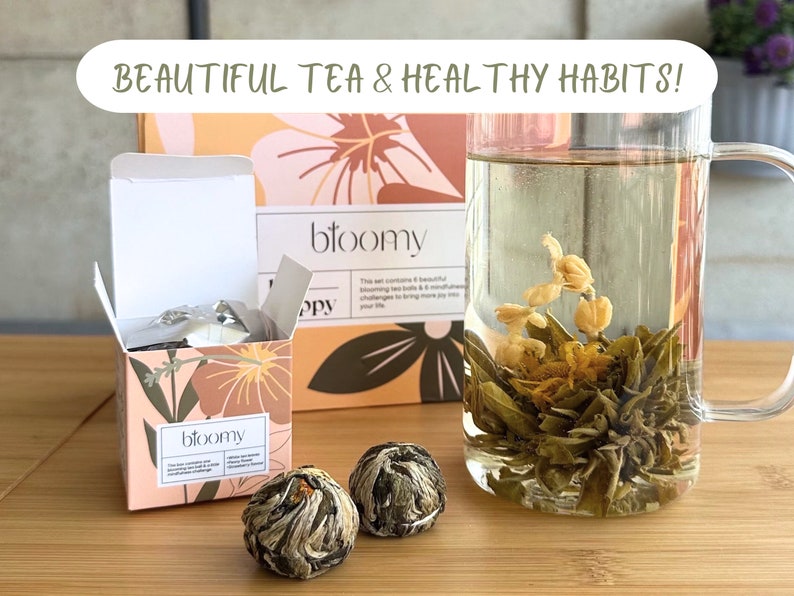 Self-Care Tee Geschenkset: Handgemachte Blütenteekugeln und gesunde Angewohnheiten Einzigartiges Pflegepaket für Achtsamkeitsübungen und Wohlbefinden Bild 1