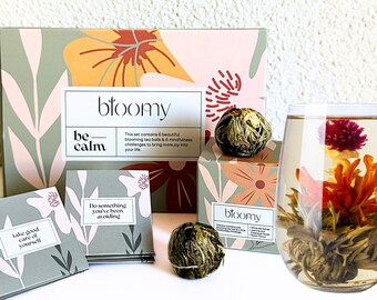 Blooming Tea Set voor stressverlichting - Unieke zelfzorgtheegeschenkdoos voor ontspanning en mindfulness / Handgemaakte theeballen / Verzorgingspakket