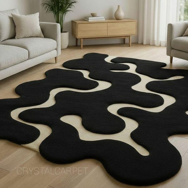 Hand Tufted Wool Area Rug: Black & White Abstract Amoeba Design
