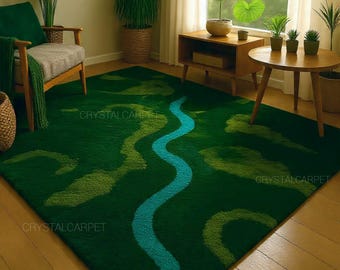 Green Moss Nature-Inspired  River Wool Rug | Modern Living Room Carpet