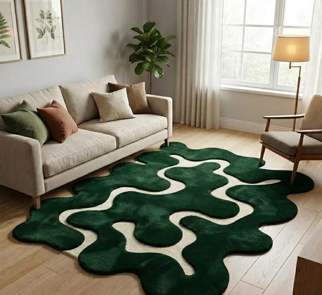 Hand Tufted Wool Area Rug: Green and White Abstract Amoeba Design - Etsy