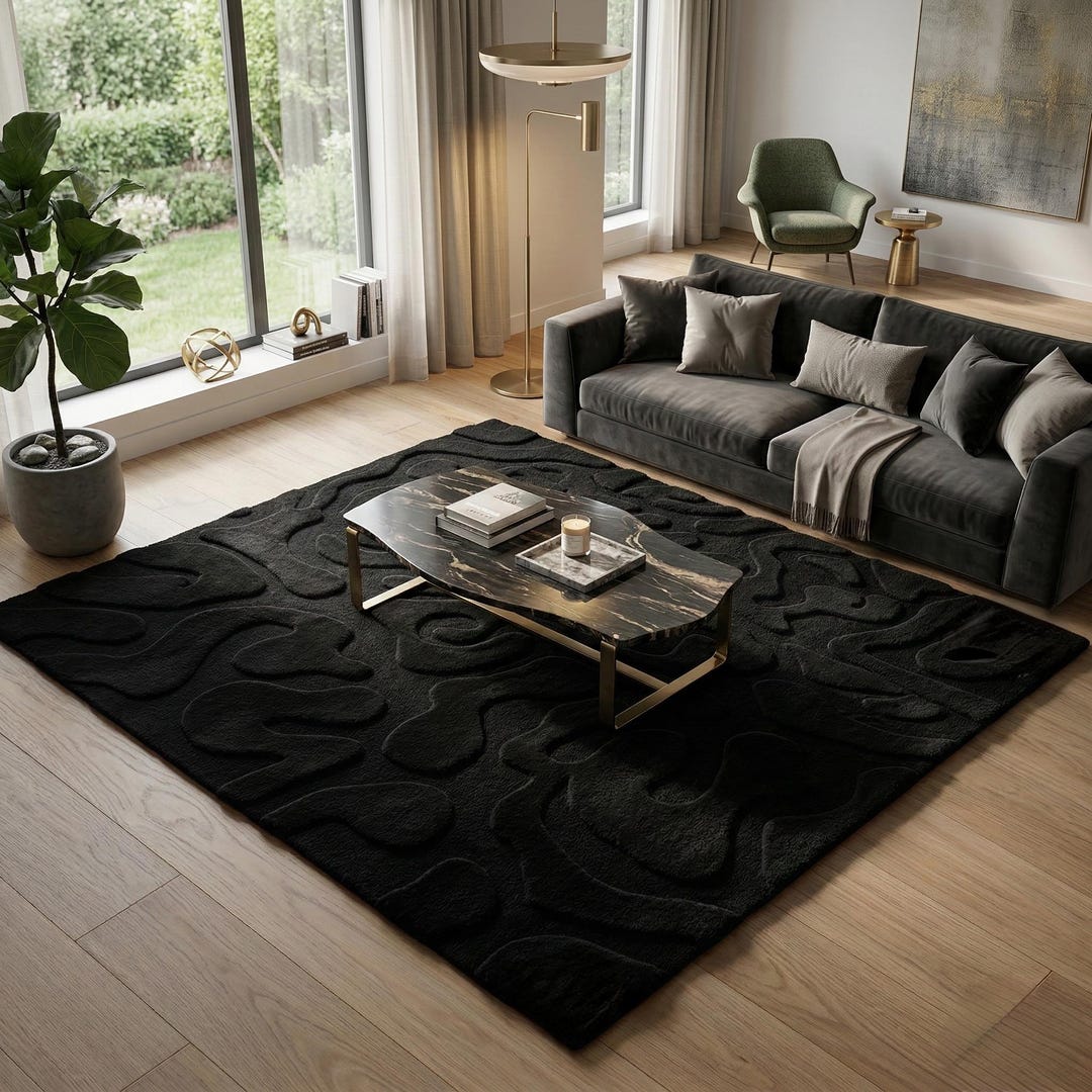 Black Abstract Sculpted Tufted Rug, Modern 3D Textured Carpet - Etsy