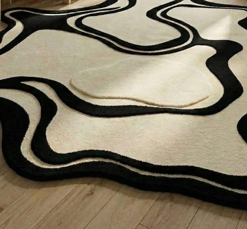 Moevment Rugs Abstract Area Rug, Black and White Modern Rug, Irregular Shape Carpet ...