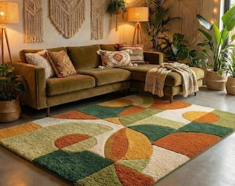 Large Wool Shag Rug – Retro Boho, Orange Green Abstract