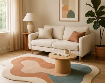 May include: A living room scene featuring a cream-colored sofa with matching pillows, a round wooden coffee table, and a rug with an abstract design in shades of beige, rust, and teal. A framed artwork and a potted plant complete the decor.