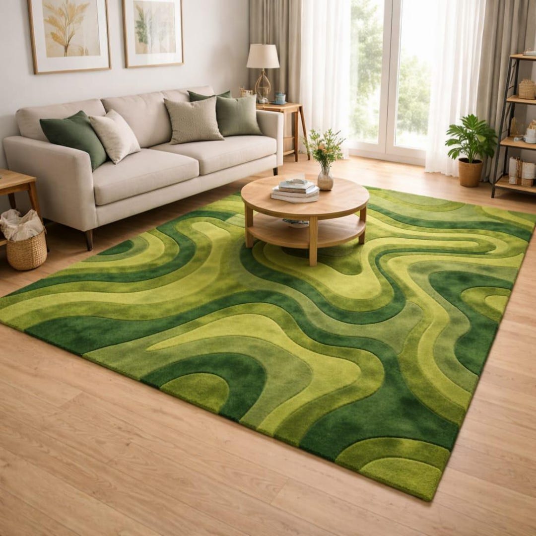 Patterned Green Rug Abstract Design Handmade Green Abstract Rug, Wavy Moss Design, Earth Tone Carpet - Etsy