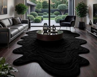 Tapis noir abstrait irrégulier, tapis moderne organique sculpté