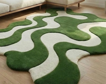 Green Abstract Area Rug, Modern Wavy Rug, Contemporary Living Room Carpet, Minimalist Home Decor