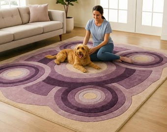 Wavy Purple Area Rug: Modern Abstract Design, Soft Synthetic Fibers