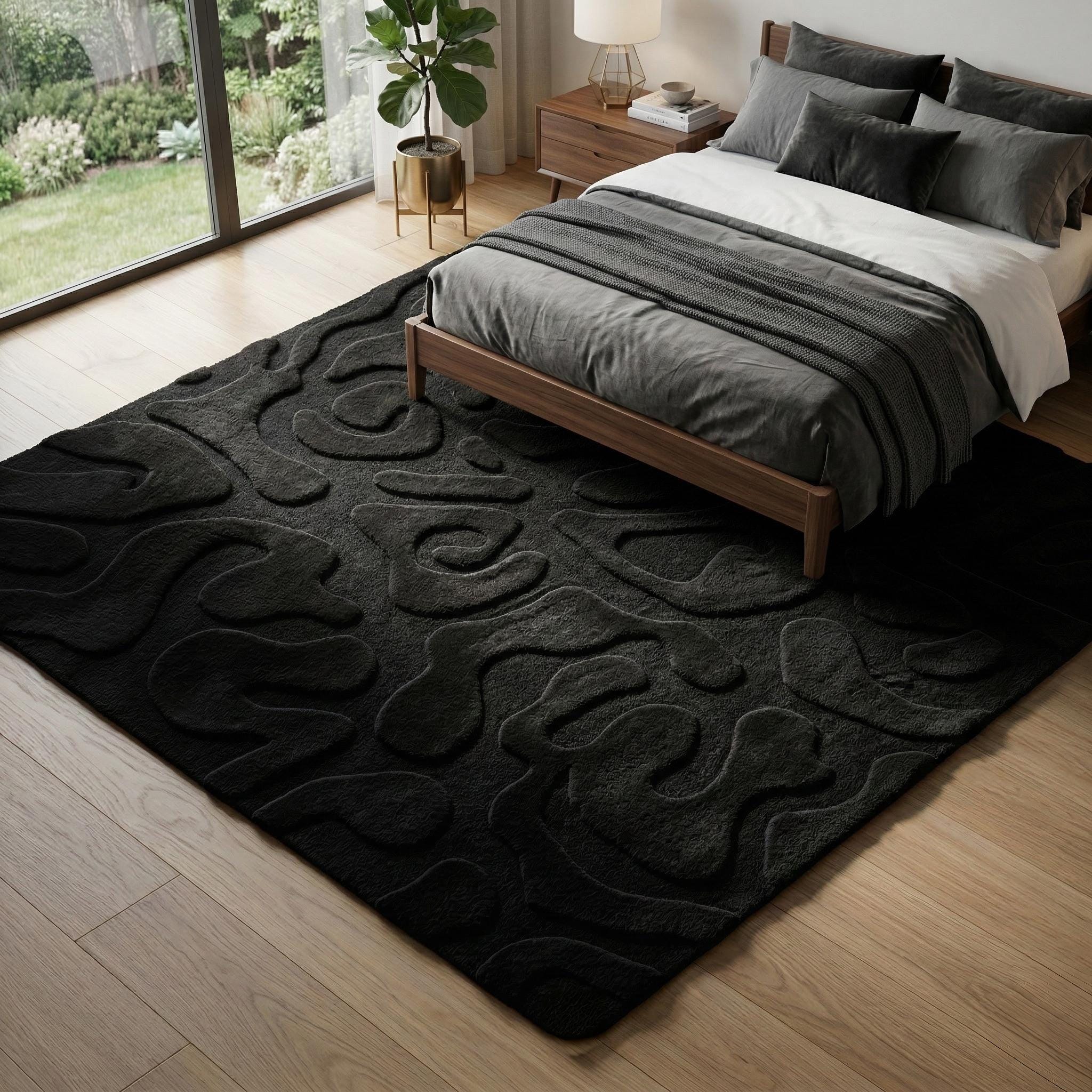 Black Abstract Sculpted Tufted Rug, Modern 3D Textured Carpet - Etsy