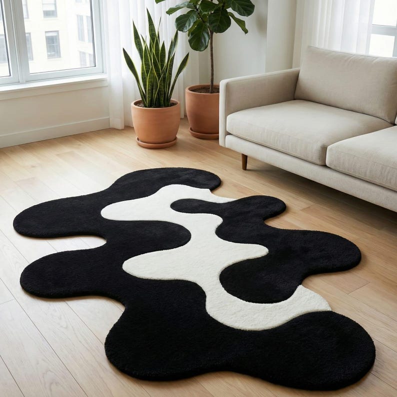 Hand Tufted Area Rug: Black & White Abstract Amoeba Design - Etsy
