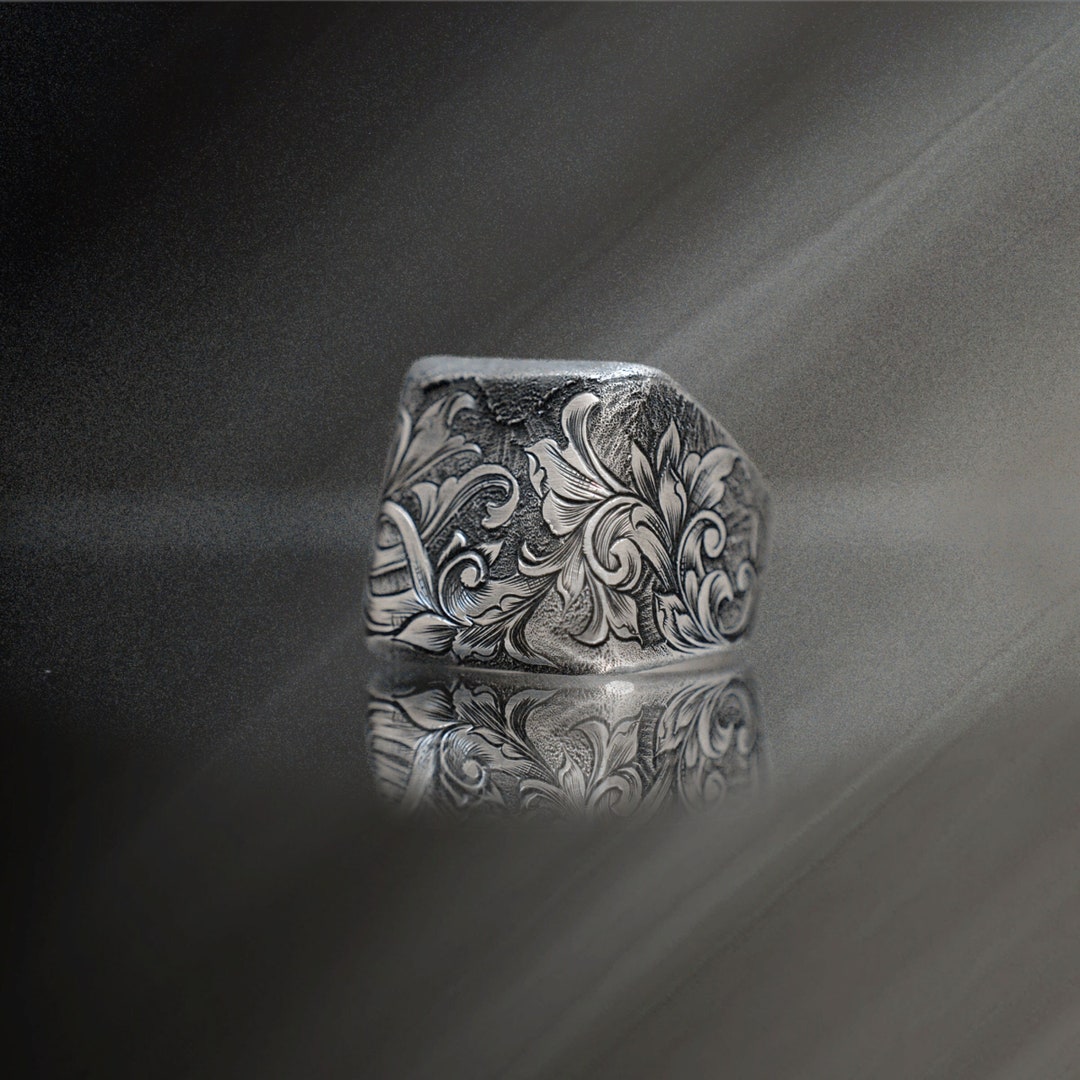 Floral Embroidered Engraved Silver Ring, Handmade Engrave Art Silver