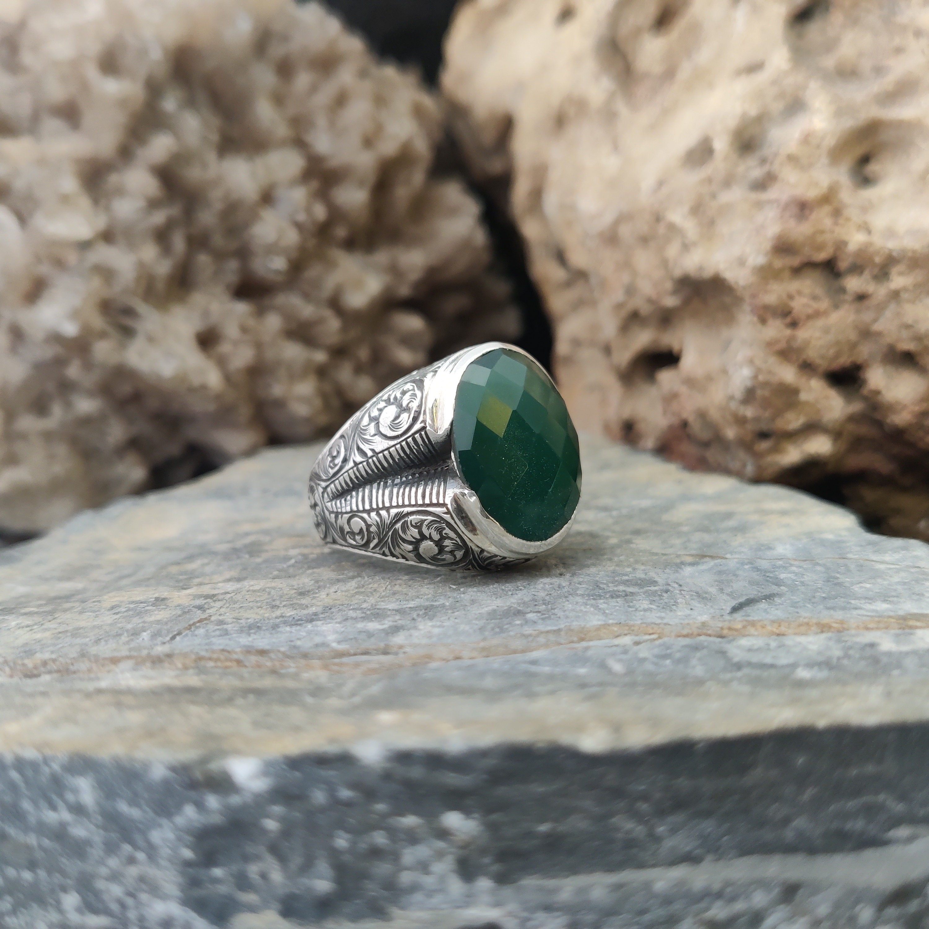 Mens Emerald Ring Handmade Emerald Ring Gemstone Silver Ring Etsy