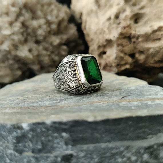 Engraved Emerald Ring Emerald Stone Ring Handmade Emerald Ring