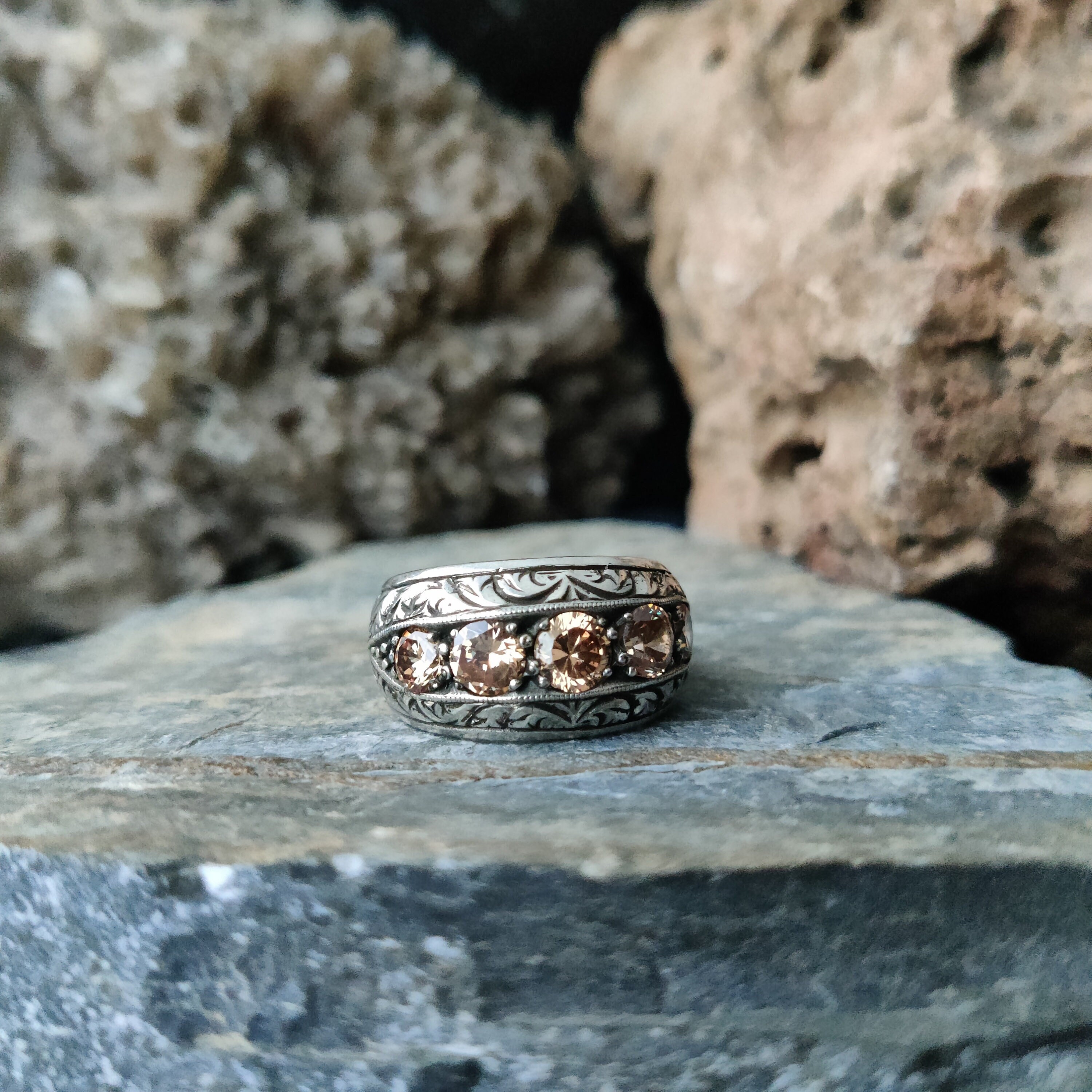 Citrine Sterling Silver Band Unique Elegant Silver Band Multi