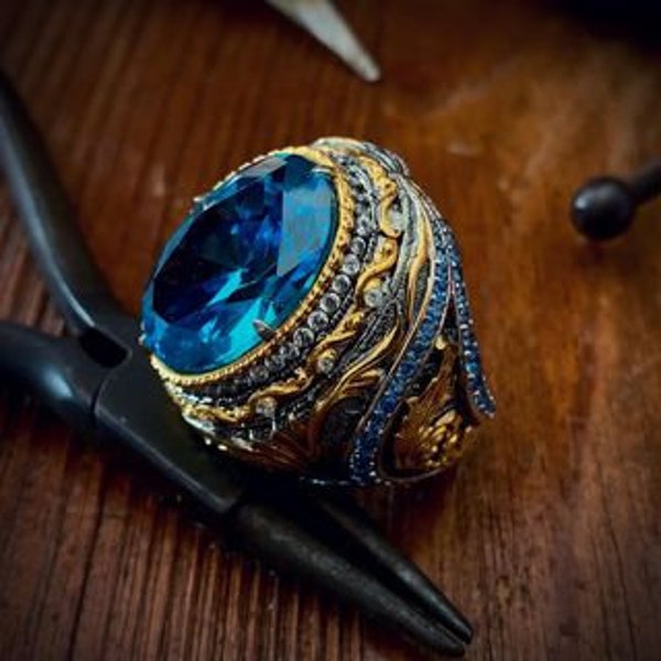 Gold Aquamarine Ring, Handmade Aquamarine Best Design Ring, Silver Gemstone Ring, Oval Aquamarine Ring, Baroque Design Men Ring,Gift For Him
