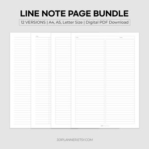 Printable Line Note Page Bundle, Note-Taking Planner Insert, College Ruled Note Template, A4, A5 & Letter size, Digital PDF Download