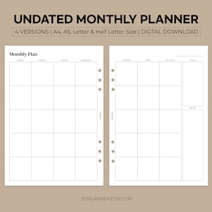Printable Undated Monthly Planner on Two Pages, Monthly Calendar Inserts, Sunday & Monday Start, A4, A5, Letter, Half size, Digital PDF