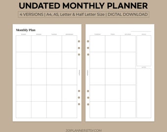 Printable Undated Monthly Planner on Two Pages, Monthly Calendar Inserts, Sunday & Monday Start, A4, A5, Letter, Half size, Digital PDF