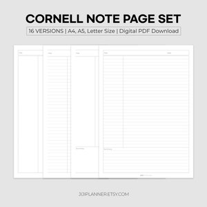 Pakiet stron do wydrukowania Cornell Note Page Pack, wkładka do planera do robienia notatek Cornell Method, szablon notatki w linie dla ucznia, format A4, A5 i Letter, cyfrowy plik PDF