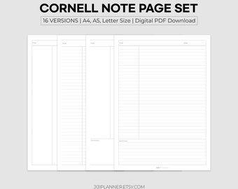 May include: A set of printable Cornell note page templates in A4, A5, and Letter sizes. The image shows three pages with a title, date, notes, and summary sections. The text "CORNELL NOTE PAGE SET" and "16 VERSIONS | A4, A5, Letter Size | Digital PDF Download" is at the top of the image. The text "JIJIPLANNER.ETSY.COM" is at the bottom of the image.