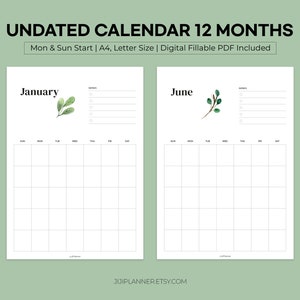 Calendário em branco sem data para impressão, design simples em cor de água floral + verde, PDF preenchível incluído, A4, tamanho carta, calendário de parede