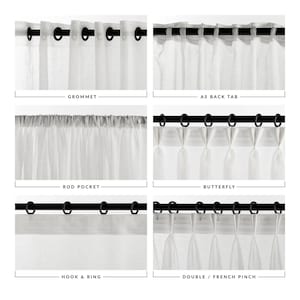May include: A comparison of different curtain header styles, including grommet, back tab, rod pocket, butterfly, hook and ring, and double/French pinch.