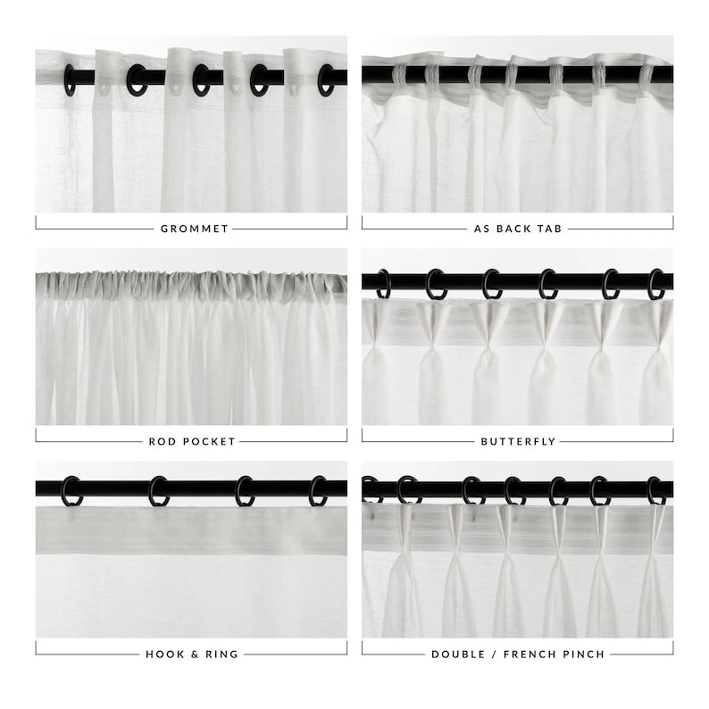 May include: A comparison of different curtain header styles, including grommet, back tab, rod pocket, butterfly, hook and ring, and double/French pinch.