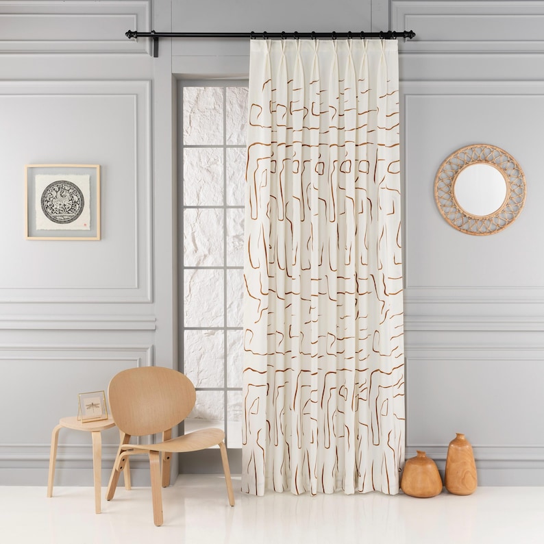 Handmade blackout linen curtains with intricate embroidery. Extra long & extra wide drapes designed for luxury homes, bedrooms, and high-ceiling windows.