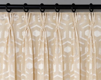 Custom Triple Pleated Geometric Patterned Luxury Jacquard Niche Curtain Panels. 12 Color Available, Custom Lining Options, Free Shipping.