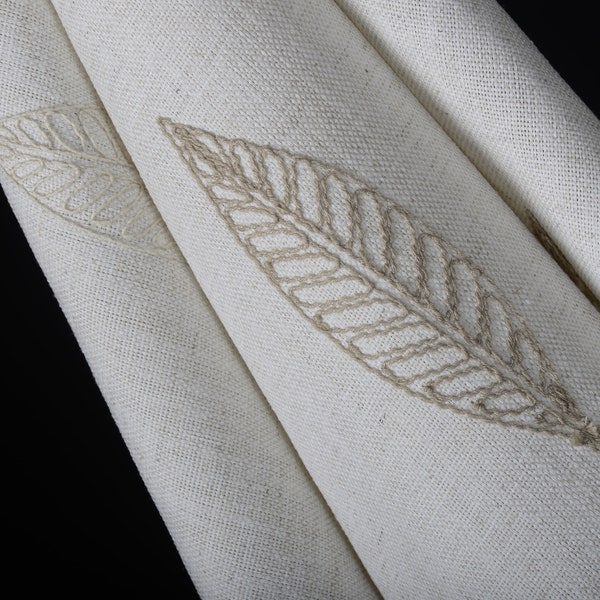 100% Blackout Custom Linen Leaf Embroidery Clear Colors Livingroom Curtains, Made to Order 4 Color Options Embroidered Leaves Patterned.