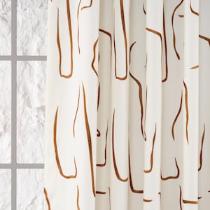 Luxury blackout drapes with striped embroidery details. Soft linen fabric, fully lined for 100% light blocking. Custom pleated curtains for bedrooms & living rooms.
