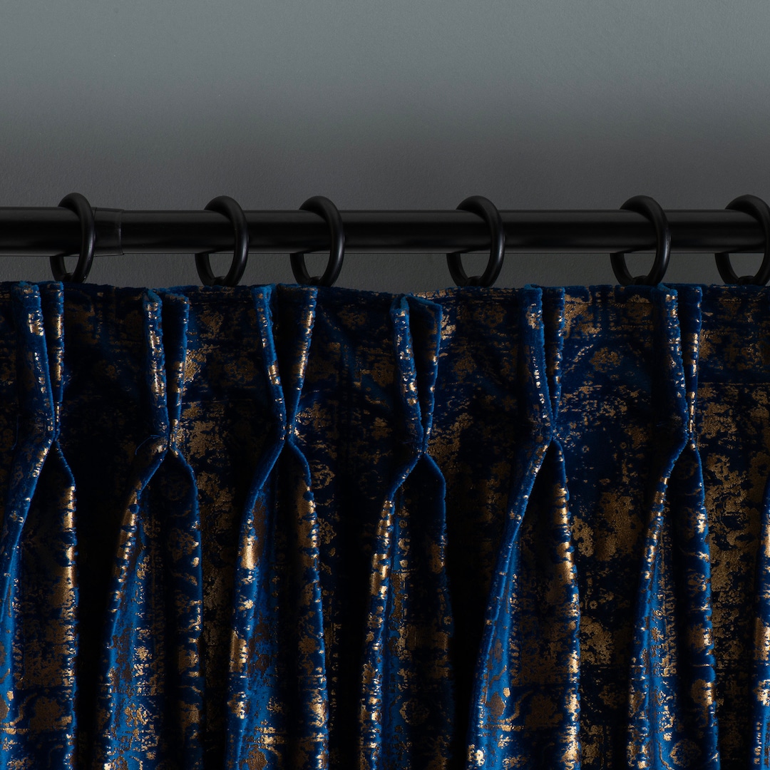 Blue and Gold French Pleated Velvet Curtains, Luxury Velvet Drapes for