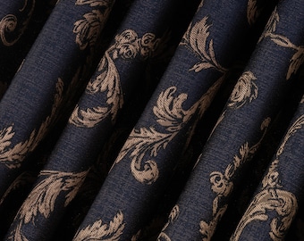 100% Blackout Navy Blue and Gold Jacquard Floral Patterns Curtains, Curtain for Bedroom and Livingroom, 12 Color Options.