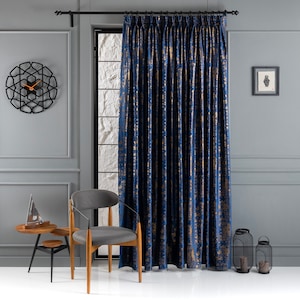 100% Blackout Blue and Gold French Pleated Velvet Curtains, Blackout Luxury Extra Wide Custom Drapes in 16 Colors for Living Room & Bedroom