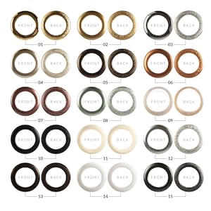 May include: Fifteen pairs of metal grommets, each with a front and back side. The grommets are in various finishes, including gold, silver, black, and copper.