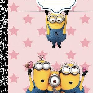 May include: A composition book with a light pink cover featuring a pattern of pink stars and a black and white marbled spine. The cover displays four yellow Minion characters in blue overalls, with one hanging from a label reading COMPOSITION BOOK.