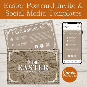 Osterkirche Einladung, Ostern Postkarteneinladung, Ostern Social Media Posts, Palmsonntag, Karfreitag, Kirche einladen, Canva Vorlage