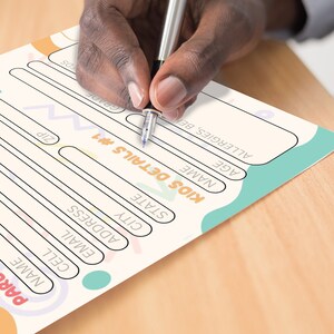 May include: A white form with colorful accents, titled "Kids Details #1" and "Parent/Guardian". The form includes fields for name, cell phone number, email, address, city, state, zip code, age, grade, and allergies.