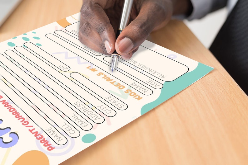May include: A white form with colorful accents, titled "Kids Details #1" and "Parent/Guardian". The form includes fields for name, cell phone number, email, address, city, state, zip code, age, grade, and allergies.