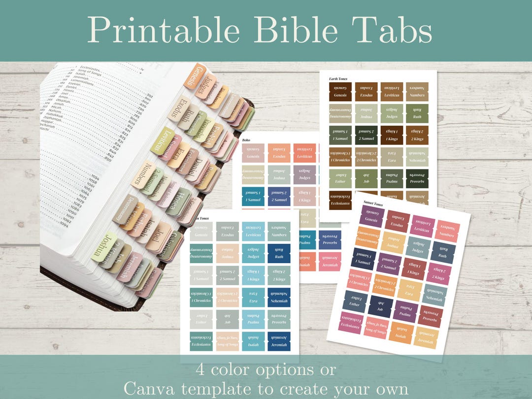 Printable Bible Tabs, 4 Color Palates or Canva Template to Create Your ...