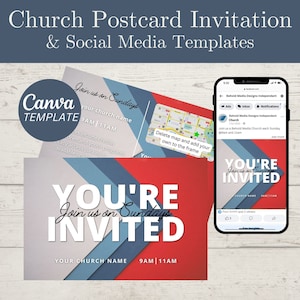Carte d'invitation d'église, modèles d'invitation de médias sociaux d'église, invitation d'église, modèle Canva
