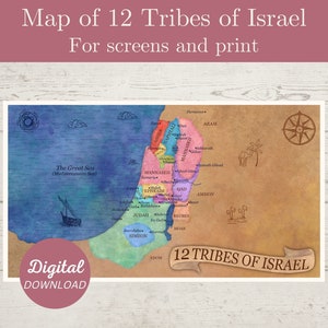 Biblische Karte von 12 Stämmen Israels für Bildschirme, Bibelkarte, alttestamentliche Israelkarte, alttestamentliche Karte, biblische Zeitleiste