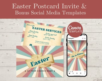 Oster-Service-Einladung, Ostern Postkarten-Einladung, Osterkirche einladen, Ostern Social Media Posts, Retro Ostern, Canva Template