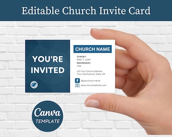 Pode incluir: Um modelo de cartão de convite para a igreja azul e branco com o texto "You're Invited" e "Church Name". O cartão inclui o endereço da igreja, seu site e suas informações de mídia social.