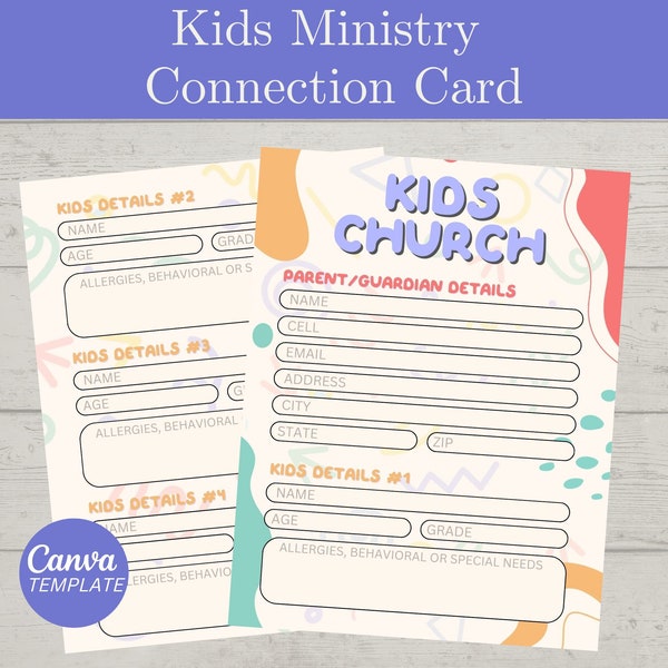 Kids Church Connection Card, Kids Ministry Registration Form, Kids Club Parent and Children Info Form, Parent Details, Canva Template