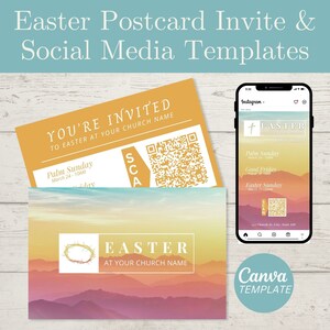 Invito alla chiesa di Pasqua, invito alla cartolina di Pasqua, post sui social media di Pasqua, domenica delle palme, venerdì santo, invito alla chiesa, modello Canva