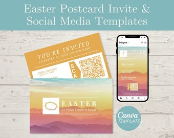 Osterkirche Einladung, Ostern Postkarteneinladung, Ostern Social Media Posts, Palmsonntag, Karfreitag, Kirche einladen, Canva Vorlage