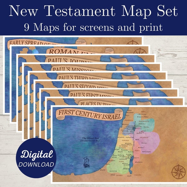 New Testament Map Set, Bible Maps, Paul's Missionary Journeys Maps, Roman Empire, Map of Israel during Jesus' Ministry, Digital Download